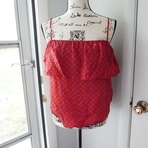 Haute‎ Hippie Women's Silk Ruffle Tank Top Red Pink Polka Dot Size S Boho Blouse